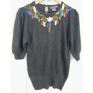 Vintage IB Diffusion Women's S Sweater Angora Silk Floral Beaded 80s Embellished